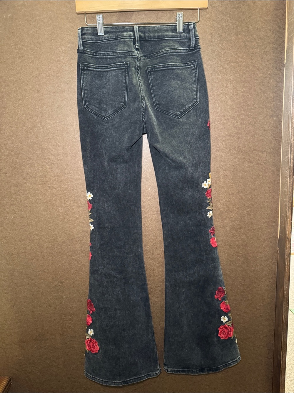 DRIFTWOOD Black Flare Jeans with Red & White Floral Embroidery - Picture 2 of 4